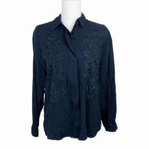 Georges Marciano Button Up Shirt Women Medium Black Long Sleeve Floral Embroider